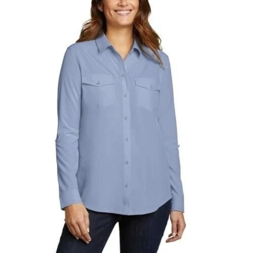 Eddie Bauer Women Plus Size XXL Stretch Blue Button UPF50+ Tech Shirt NWT